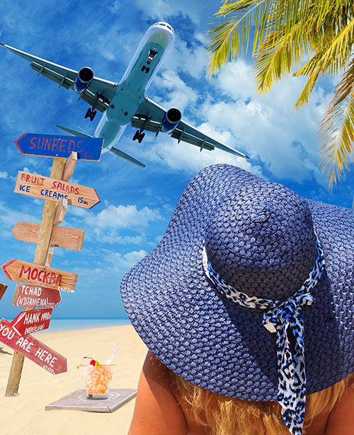 woman in a blue sun hat watching a passenger plane flying over at low level