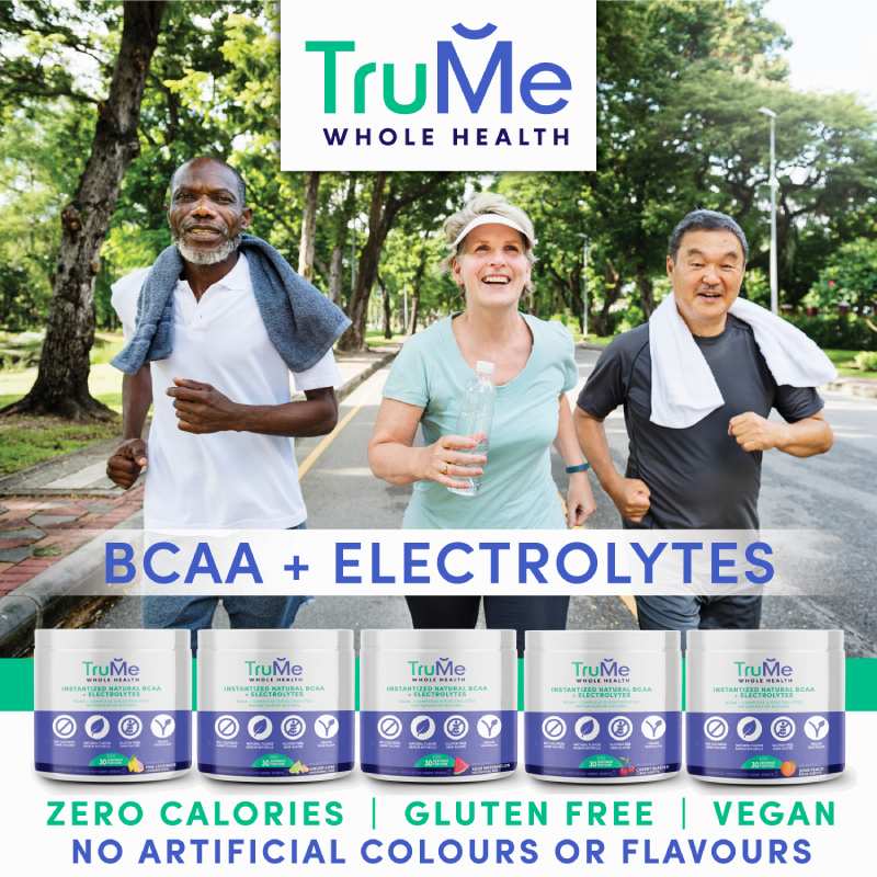 three elderly people jogging with electrolyte product overlaid over the image